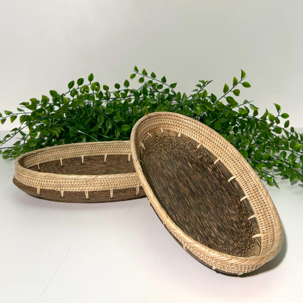 Hand Carved Oval Palm Wood Tray W/ Rattan Trim P3OVL