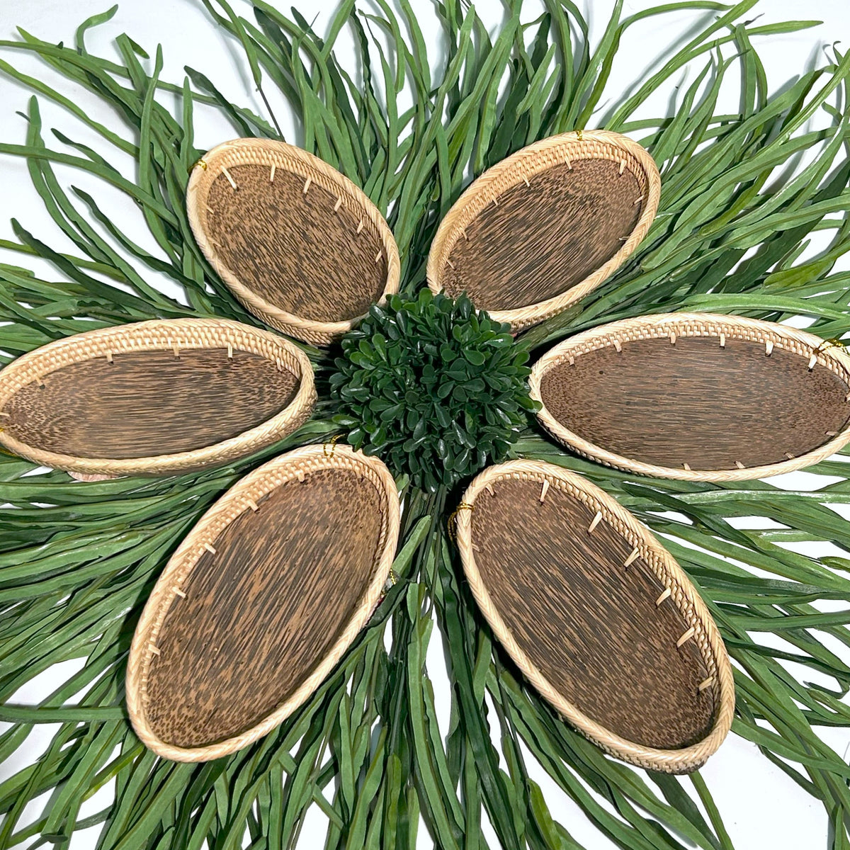 Small Hand Carved Oval Palm Wood Tray W/ Rattan Trim P3Ovs