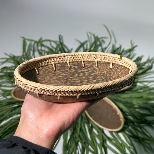 Small Hand Carved Oval Palm Wood Tray W/ Rattan Trim P3Ovs