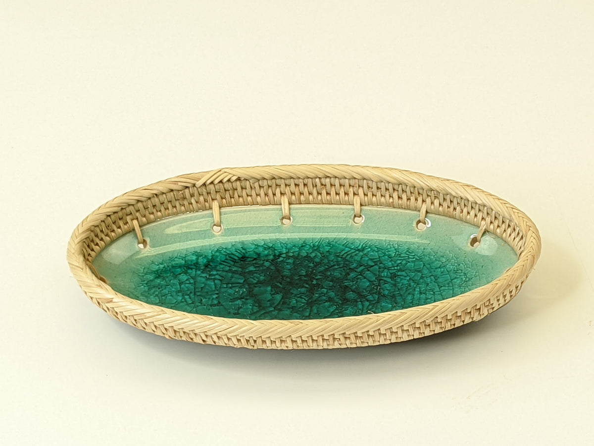 C71OV 7" Oval Crackle Glazed Ceramic Basket Tray Dish