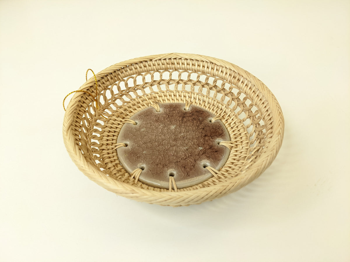 C71RD 7" Round Crackle Glazed Ceramic Basket Tray Dish