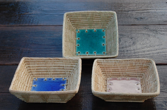 C71SQ 7" Square Crackle Glazed Ceramic Basket Tray Dish